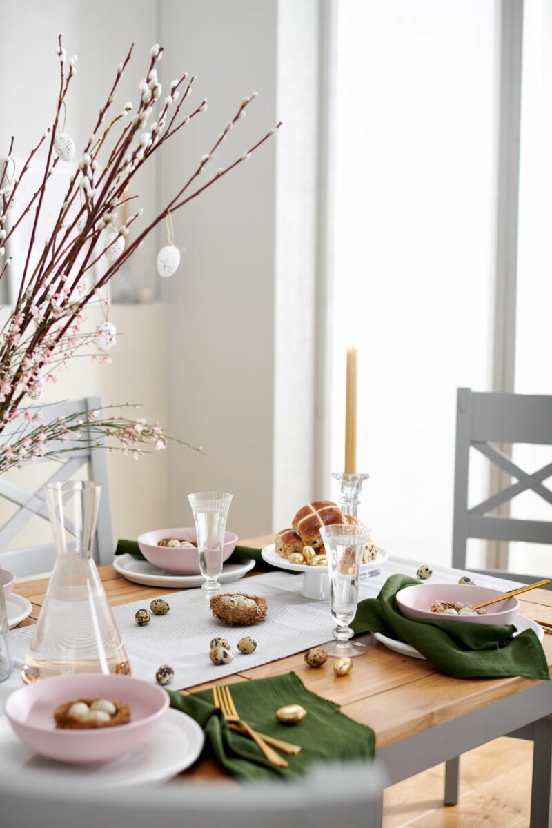 Oak Furnitureland Easter shoot styled on the St. Ives painted grey table, with green and pink design details.