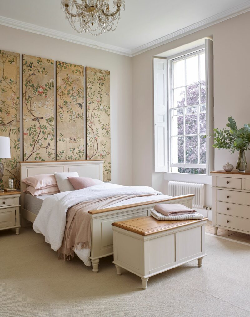 Oak Furnitureland Shay almond grey painted bedroom range in a period home.
