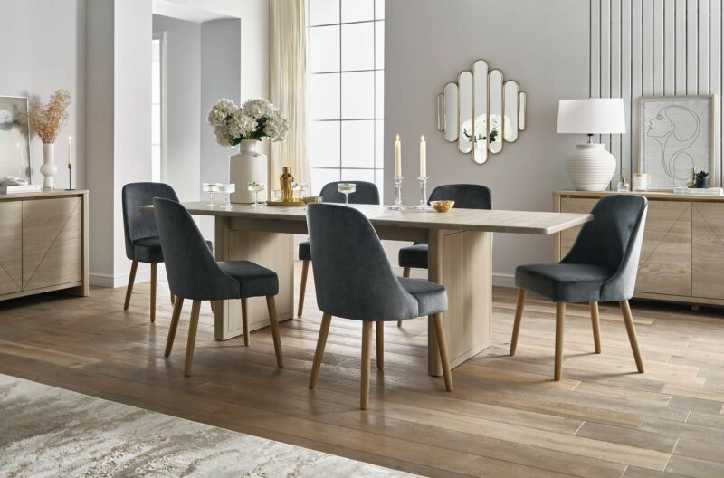 A dining table and chairs-dining room furniture-wooden dining table-grey upholstered dining chairs