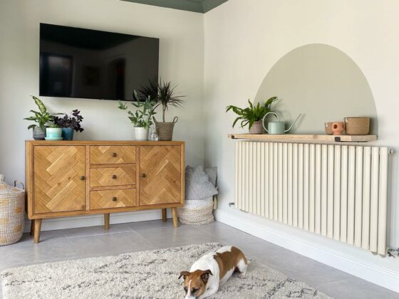 Parquet oak sideboard styled with plants and a dog lying on a shaggy rug.