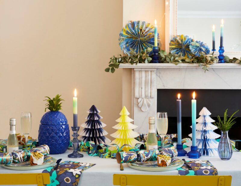 Bright alternative Christmas tablescape and mantlepiece decorations.