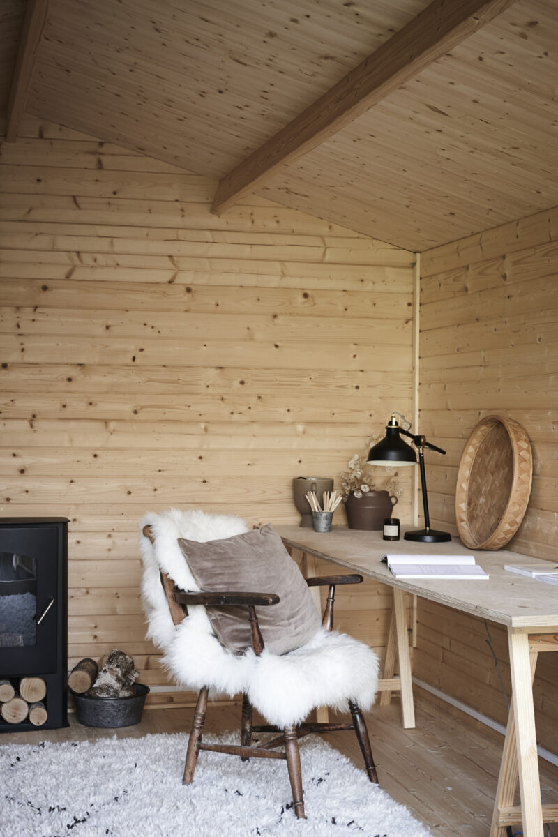Panelled home office with a wood-burning stove and tactile accessories.