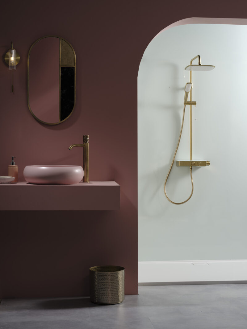 Pink and gold spa-style shower room styled by Maxine Brady.