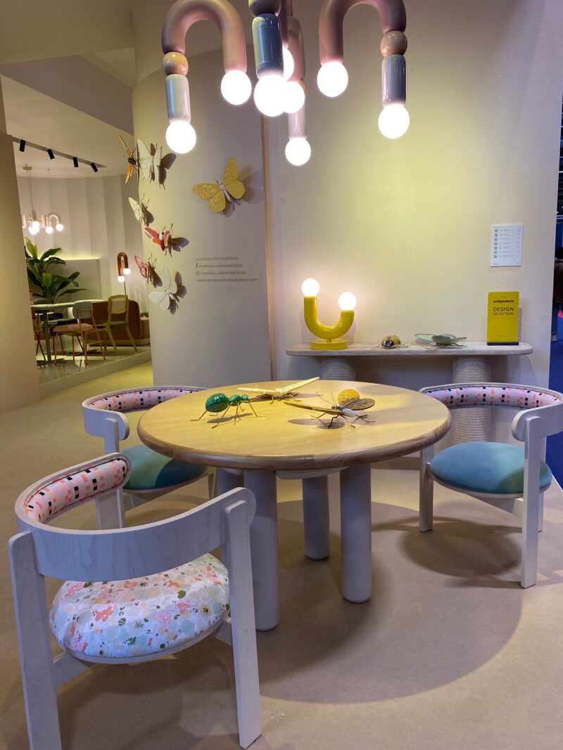 Table and chair styled in pastel colours at the Maison & Objet trade fair in Paris.