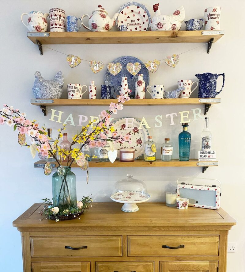 Canterbury sideboard with shelving decorated with Easter themed accessories