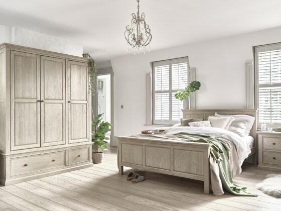 Oak Furnitureland Burleigh weathered oak bedroom furniture in a calm bedroom scheme with neutral styling.