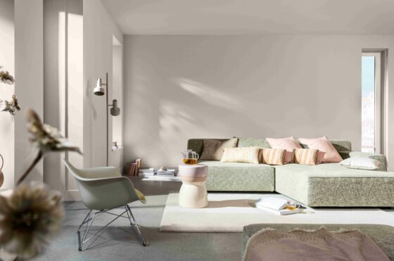 Living room showcasing the Dulux Colour of the Year 2024, Sweet Embrace, a delicate pale pink.
