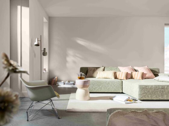 Living room showcasing the Dulux Colour of the Year 2024, Sweet Embrace, a delicate pale pink.