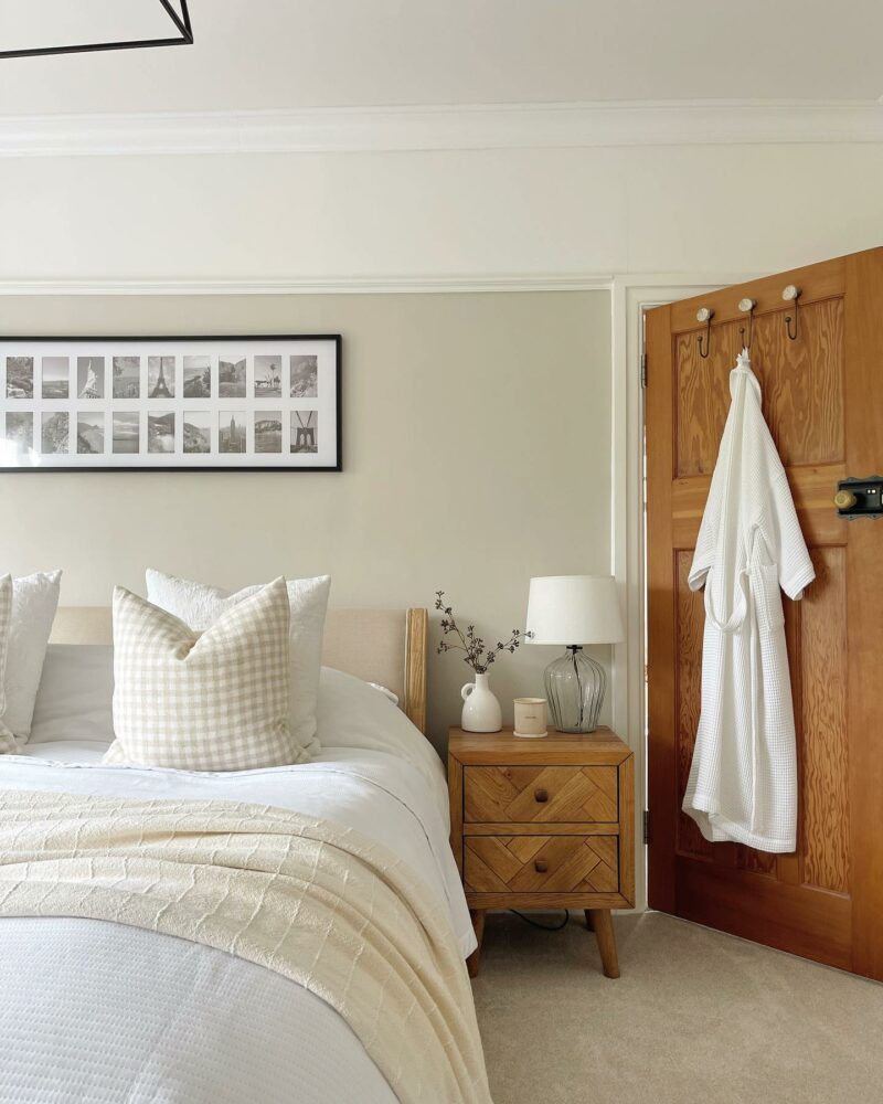 A bed with bedside table-bedroom furniture-a double king-size bed with wooden bedside table