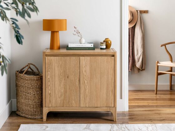 A sideboard-hallway furniture-small wooden sideboard-mustard lamp-wooden chair-coat hooks