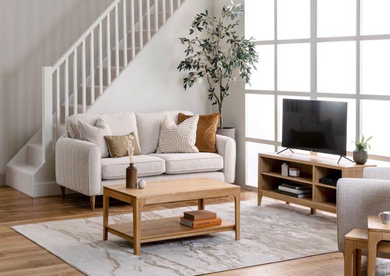 A sofa and coffee table-living room furniture-two-seater sofa with wooden coffee table and wooden TV unit with storage