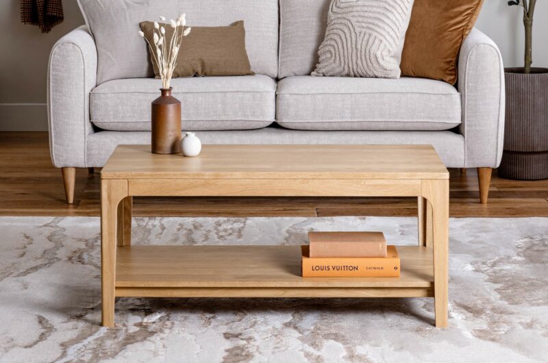 A coffee table and sofa-living room furniture-a wooden coffee table with storage shelf and two-seater sofa