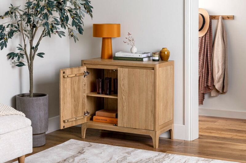 A sideboard-living room furniture-small wooden sideboard with accent lamp