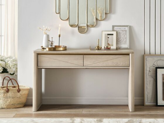 A dressing table and mirror-bedroom furniture-wooden dressing table-art deco mirror-framed artwork-wall panelling