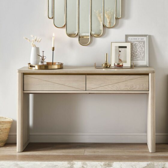 A dressing table and mirror-bedroom furniture-wooden dressing table-art deco mirror-framed artwork-wall panelling
