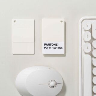 Pantone colour of the year 2026-cloud dancer-white keyboard-white mouse-white colour swatches-white tabletop