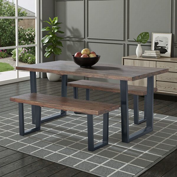 Detroit Solid Hardwood and Metal Dining Table with 2 Large Detroit Benches - Oak Furnitureland