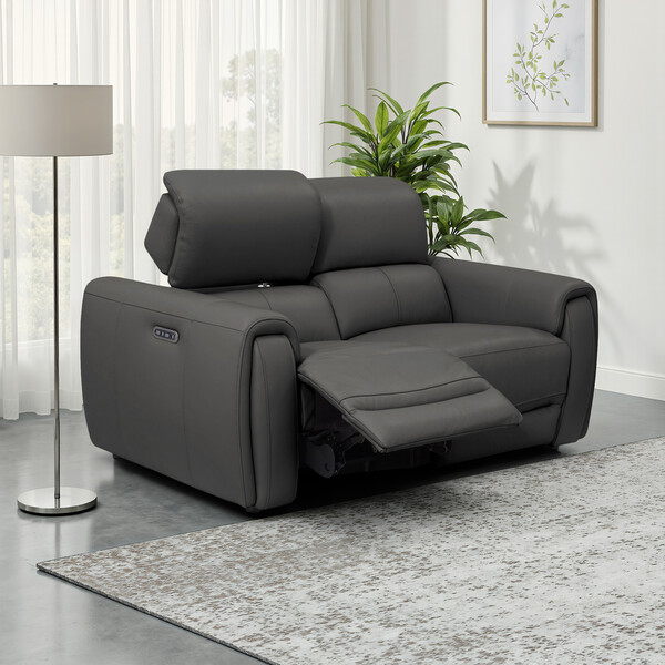 Elephant Grey Leather Sofas - 2 Seater Electric Recliner Sofa with Power Headrests - Arabella Range - Oak Furnitureland