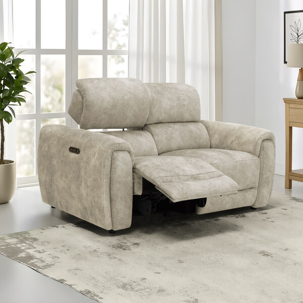 Marble Cream Fabric Sofas - 2 Seater Electric Recliner Sofa with Power Headrests - Arabella Range - Oak Furnitureland