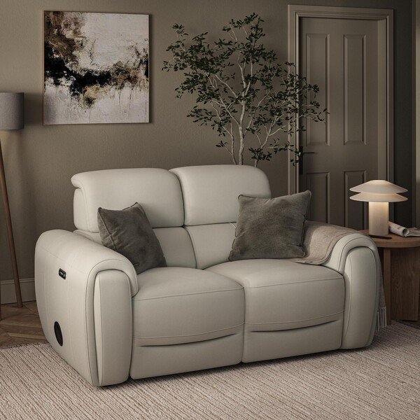 Bone China Leather Sofas - 2 Seater Recliner Sofa with Speakers - Arabella Range - Oak Furnitureland