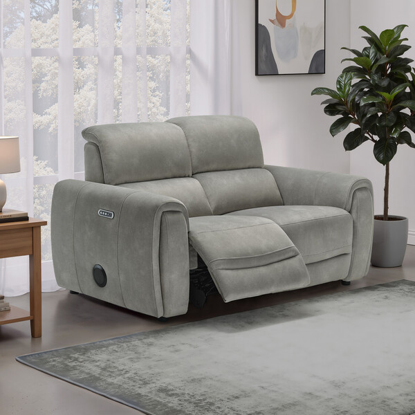 Dexter Stone Fabric Sofas - 2 Seater Recliner Sofa with Speakers - Arabella Range - Oak Furnitureland