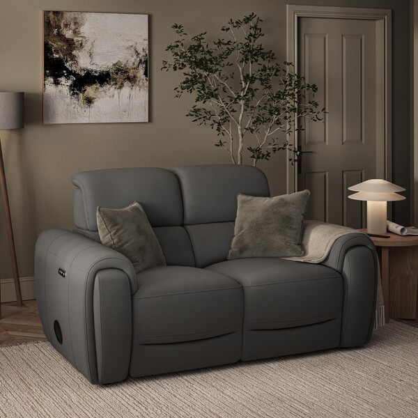 Elephant Grey Leather Sofas - 2 Seater Recliner Sofa with Speakers - Arabella Range - Oak Furnitureland