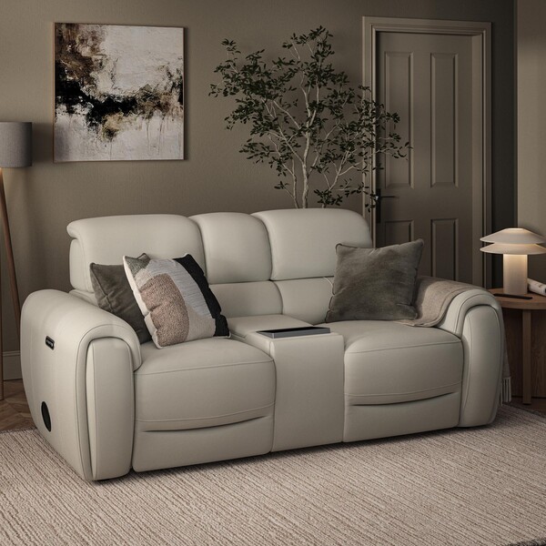 Bone China Leather Sofas - 2 Seater Recliner Sofa, Smart Screen & Speakers - Arabella Range - Oak Furnitureland