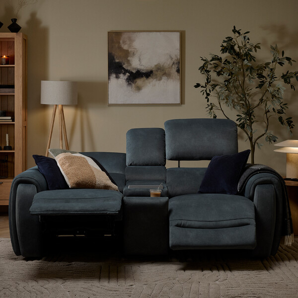 Dexter Shadow Fabric Sofas - 2 Seater Recliner Sofa, Smart Screen & Speakers - Arabella Range - Oak Furnitureland