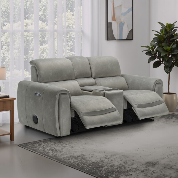 Dexter Stone Fabric Sofas - 2 Seater Recliner Sofa, Smart Screen & Speakers - Arabella Range - Oak Furnitureland