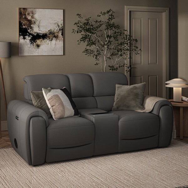 Elephant Grey Leather Sofas - 2 Seater Recliner Sofa, Smart Screen & Speakers - Arabella Range - Oak Furnitureland