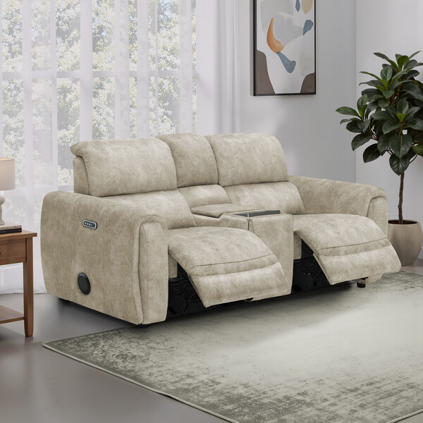 Marble Cream Fabric Sofas - 2 Seater Recliner Sofa, Smart Screen & Speakers - Arabella Range - Oak Furnitureland