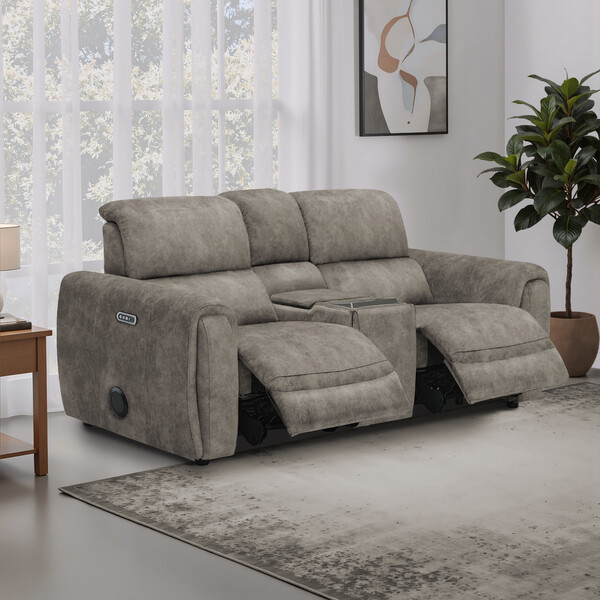 Marble Mink Fabric Sofas - 2 Seater Recliner Sofa, Smart Screen & Speakers - Arabella Range - Oak Furnitureland