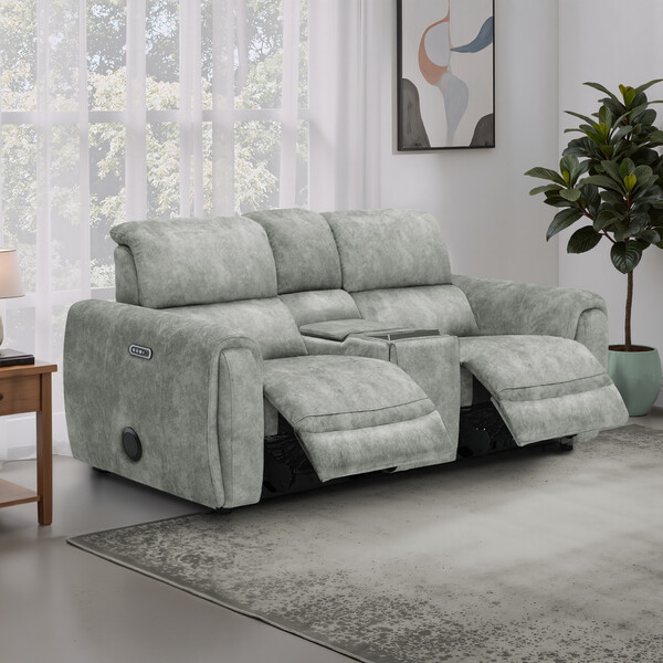 Marble Silver Fabric Sofas - 2 Seater Recliner Sofa, Smart Screen & Speakers - Arabella Range - Oak Furnitureland