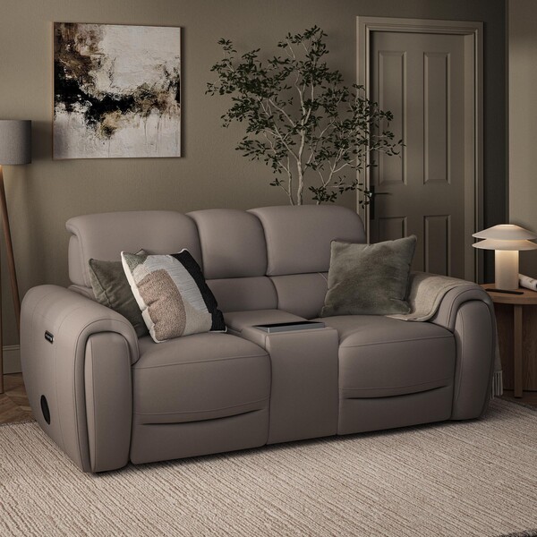 Oyster Leather Sofas - 2 Seater Recliner Sofa, Smart Screen & Speakers - Arabella Range - Oak Furnitureland