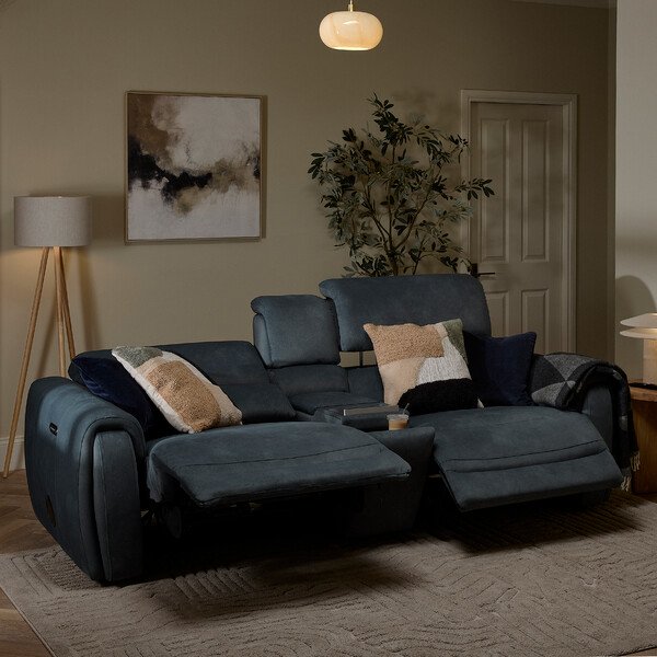 Dexter Shadow Fabric Sofas - 3 Seater Recliner Sofa, Smart Screen & Speakers - Arabella Range - Oak Furnitureland