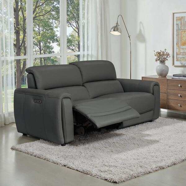 Elephant Grey Leather Sofas - 3 Seater Electric Recliner Sofa - Arabella Range - Oak Furnitureland