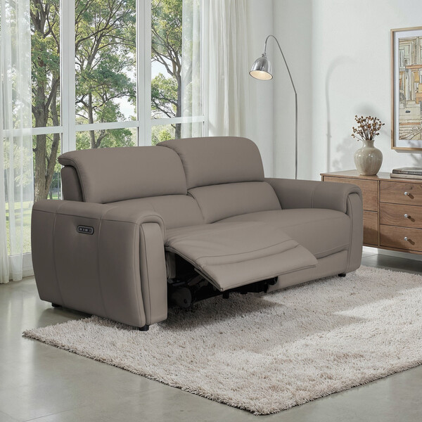 Oyster Leather Sofas - 3 Seater Electric Recliner Sofa - Arabella Range - Oak Furnitureland