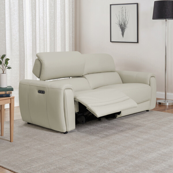 Bone China Leather Sofas - 3 Seater Electric Recliner Sofa with Power Headrests - Arabella Range - Oak Furnitureland