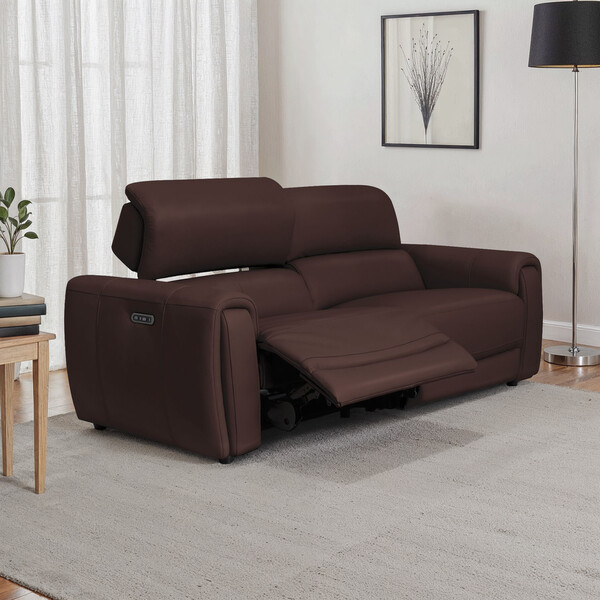 Chestnut Leather Sofas - 3 Seater Electric Recliner Sofa with Power Headrests - Arabella Range - Oak Furnitureland