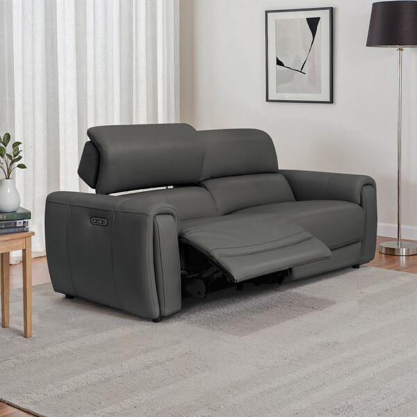 Elephant Grey Leather Sofas - 3 Seater Electric Recliner Sofa with Power Headrests - Arabella Range - Oak Furnitureland