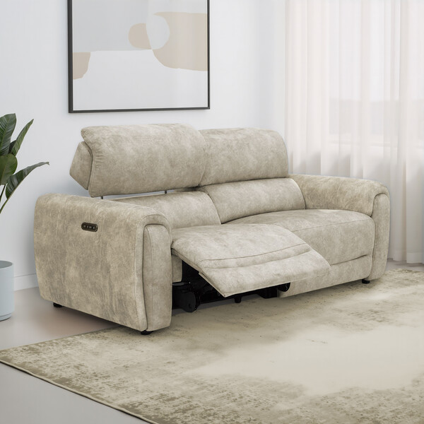Marble Cream Fabric Sofas - 3 Seater Electric Recliner Sofa with Power Headrests - Arabella Range - Oak Furnitureland