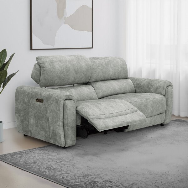 Marble Silver Fabric Sofas - 3 Seater Electric Recliner Sofa with Power Headrests - Arabella Range - Oak Furnitureland