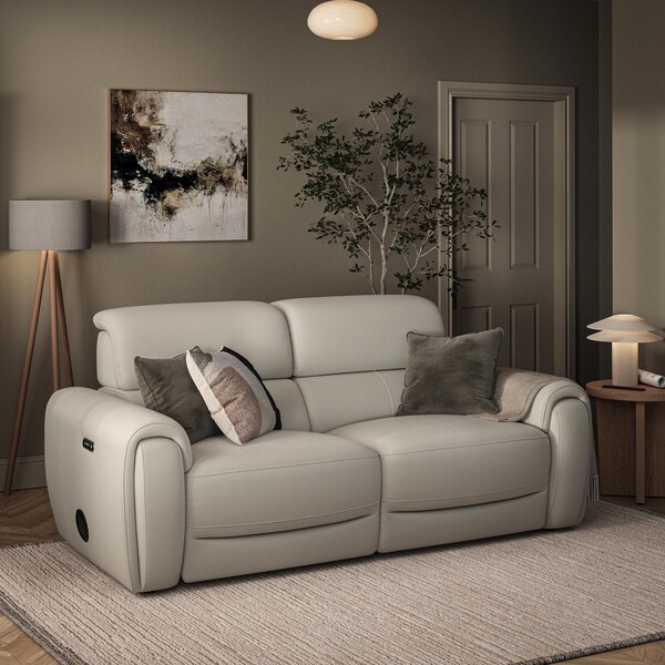 Bone China Leather Sofas - 3 Seater Electric Recliner & Speakers - Arabella Range - Oak Furnitureland