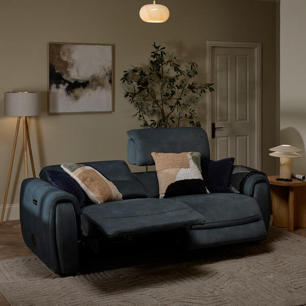 Dexter Shadow Fabric Sofas - 3 Seater Electric Recliner & Speakers - Arabella Range - Oak Furnitureland