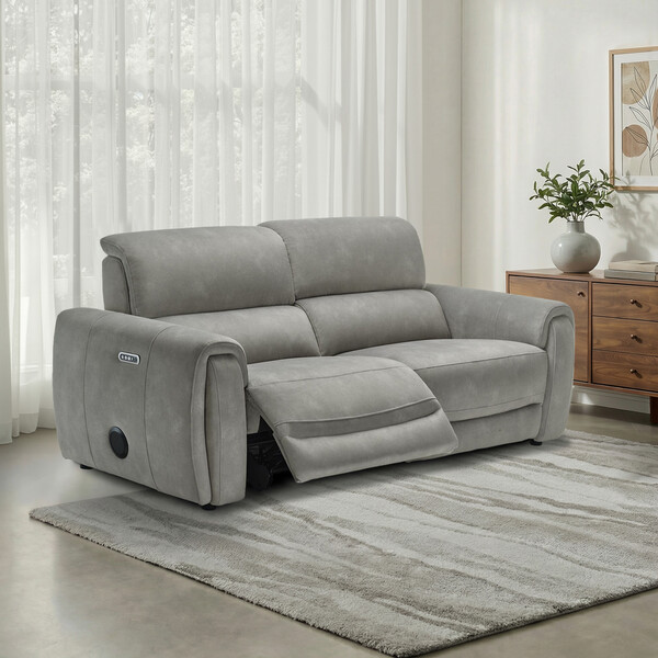 Dexter Stone Fabric Sofas - 3 Seater Electric Recliner & Speakers - Arabella Range - Oak Furnitureland