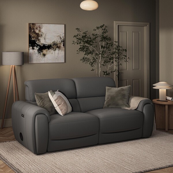 Elephant Grey Leather Sofas - 3 Seater Electric Recliner & Speakers - Arabella Range - Oak Furnitureland