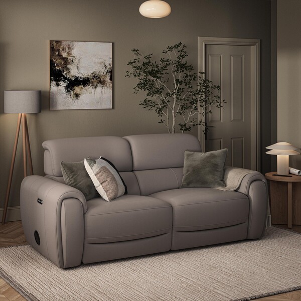 Oyster Leather Sofas - 3 Seater Electric Recliner & Speakers - Arabella Range - Oak Furnitureland