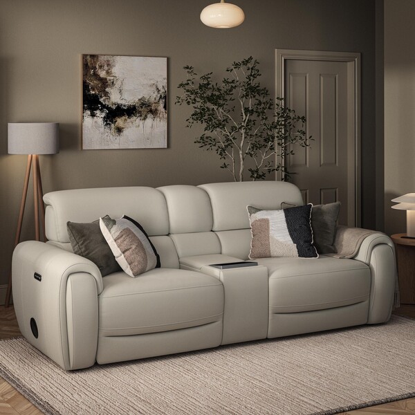 Bone China Leather Sofas - 3 Seater Recliner Sofa, Smart Screen & Speakers - Arabella Range - Oak Furnitureland