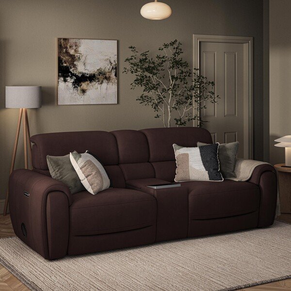 Chestnut Leather Sofas - 3 Seater Recliner Sofa, Smart Screen & Speakers - Arabella Range - Oak Furnitureland