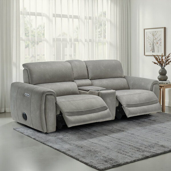 Dexter Stone Fabric Sofas - 3 Seater Recliner Sofa, Smart Screen & Speakers - Arabella Range - Oak Furnitureland
